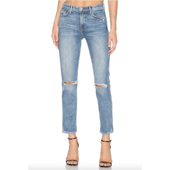 GRLFRND Naomi Petite Distressed Raw Hem Stretch Jeans - Picture 1 of 12